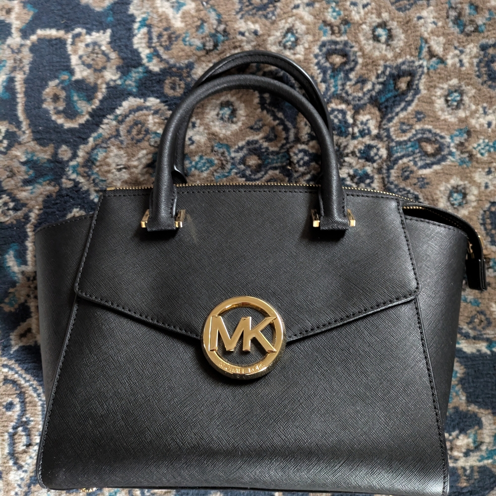 Michael Kors Black Saffiano Satchel with Gold MK Logo